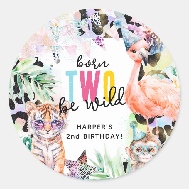 Born TWO be Wild Safari Animals Cool 2nd Birthday Classic Round Sticker (Front)