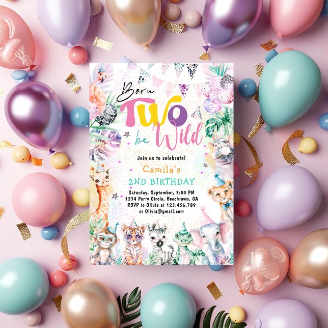Born Two Be Wild Tropical Safari Animals Birthday Invitation (Creator Uploaded)