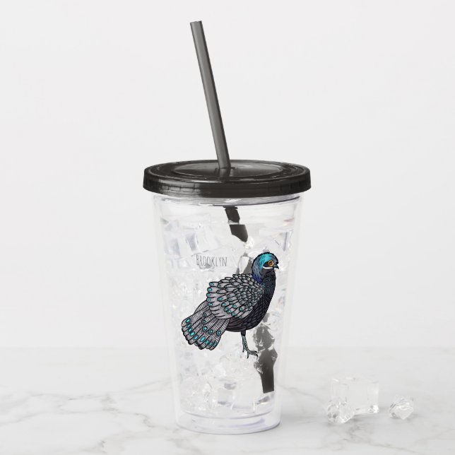 Bornean peacock-pheasant bird cartoon illustration acrylic tumbler (Front Ice)