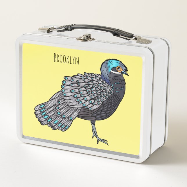Bornean peacock-pheasant bird cartoon illustration metal lunch box (Front)