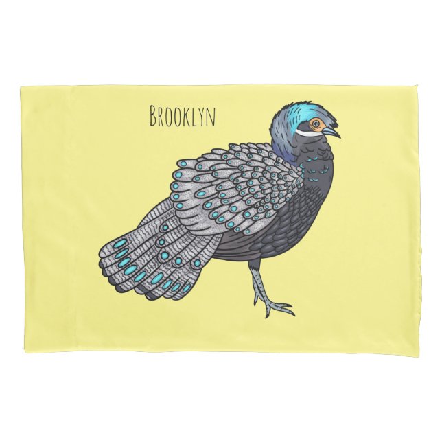 Bornean peacock-pheasant bird cartoon illustration pillowcase (Front)