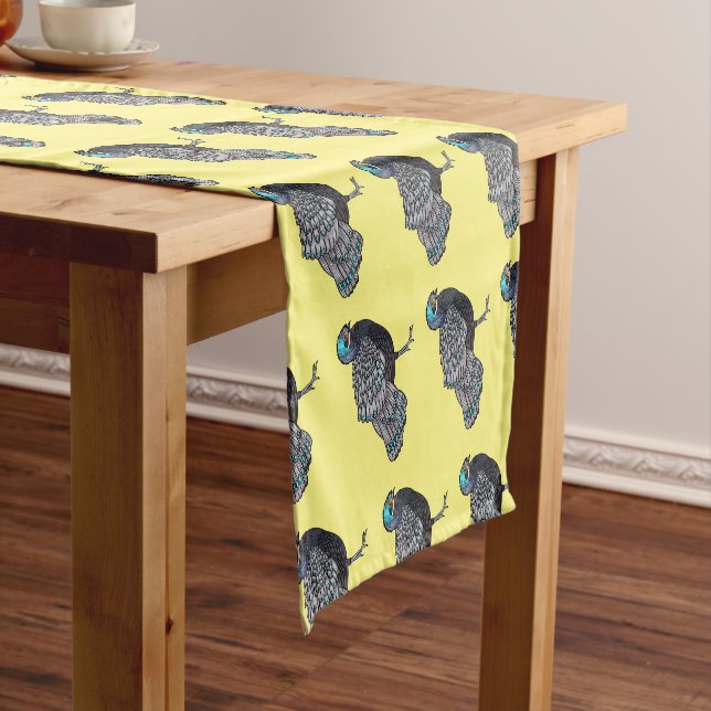 Bornean peacock-pheasant bird cartoon illustration short table runner (In Situ)