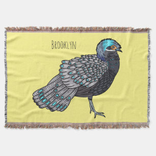 Bornean peacock-pheasant bird cartoon illustration throw blanket