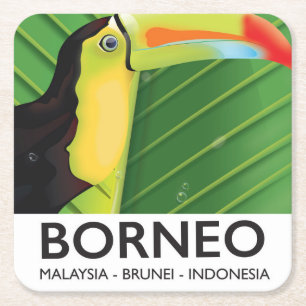 Borneo Toucan travel poster Square Paper Coaster