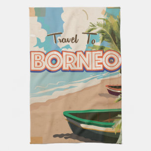 Borneo vintage travel poster art. kitchen towel