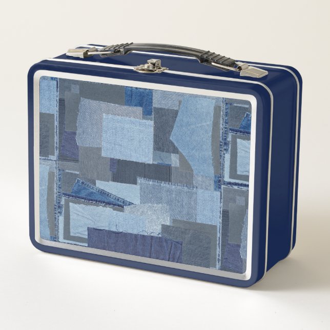 Boro Boro Blue Jean Patchwork Denim Shibori Metal Lunch Box (Front)