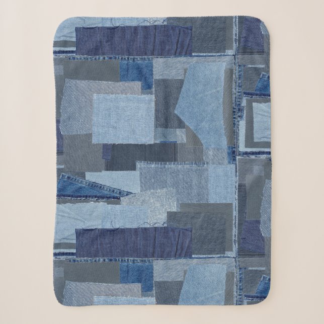 Boro Boro Blue Jean Patchwork Denim Shibori Sherpa Blanket (Front)