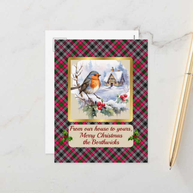 Borthwick Crest & Tartan w/Robin Personalized   Holiday Postcard (Front/Back In Situ)