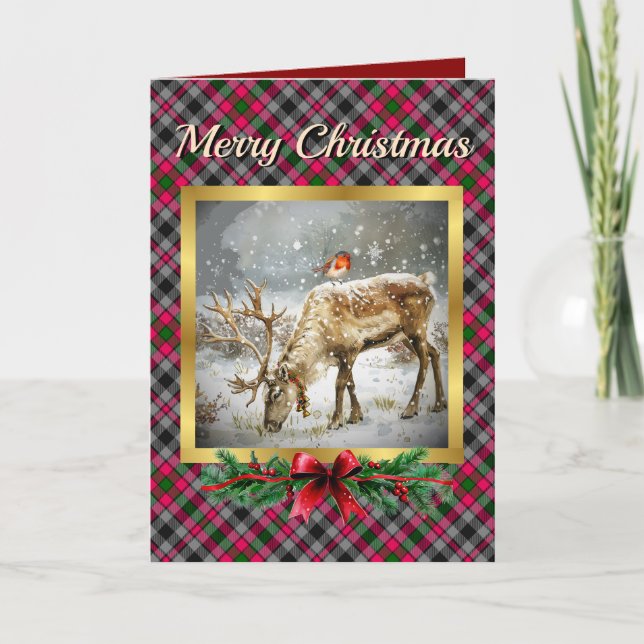 Borthwick Stag & Robin Tartan Personalized  Holiday Card (Front)