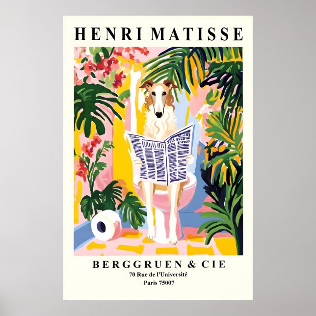 Borzoi Art Print Funny Bathroom, Dog on toilet (Front)