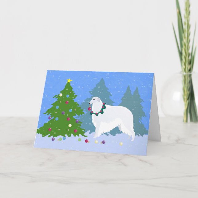 Borzoi Decorating Christmas Tree in the Forest Holiday Card (Front)