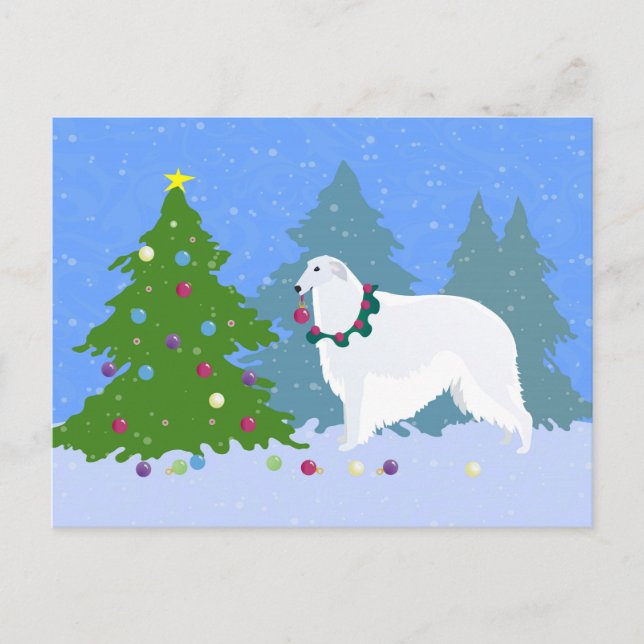 Borzoi Decorating Christmas Tree in the Forest Holiday Postcard (Front)