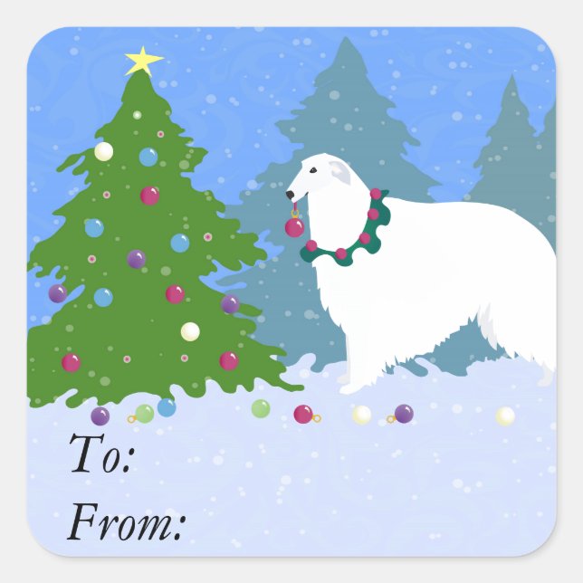 Borzoi Decorating Christmas Tree in the Forest Square Sticker (Front)