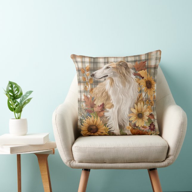 Borzoi Dog Fall Watercolor Flowers Throw Pillow (Chair)