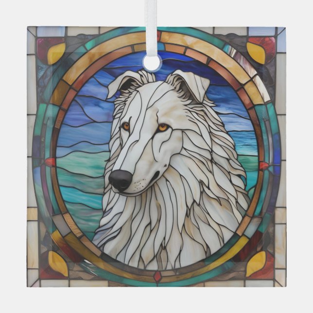 Borzoi Dog "Stained Glass" Glass Ornament (Front)