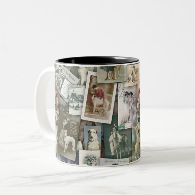 Borzoi: old postcards Two-Tone coffee mug (Front Left)