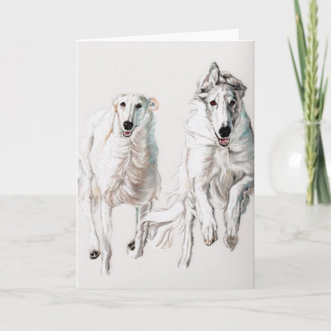 Borzoi Running Together Dog Art Greeting Card (Front)