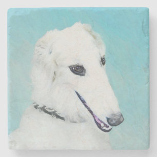 Borzoi (White) Painting - Cute Original Dog Art Stone Coaster