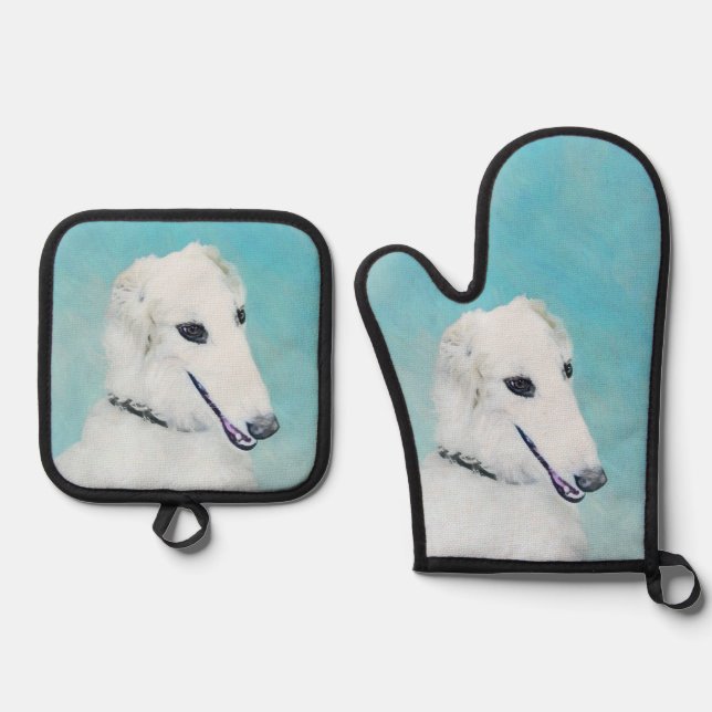 Borzoi White Painting Russian Wolfhound Dog Art Oven Mitt & Pot Holder Set (Front)