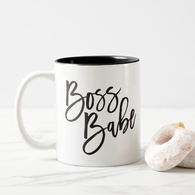 BOSS BABE black minimal script motivational quote Two-Tone Coffee Mug (With Donut)