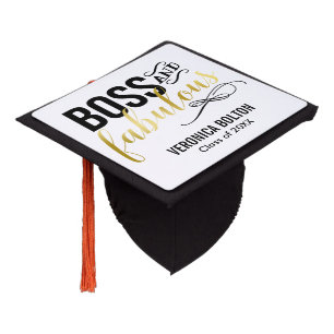 Boss & Fabulous   Gold & Black Typography Graduation Cap Topper