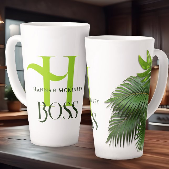 Boss Gift Palm Fronds Green Monogram Latte Mug (Creator Uploaded)
