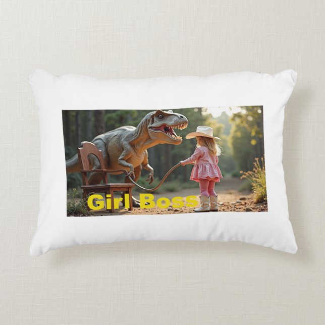 Boss Girl training a Dino Accent Pillow (Front)