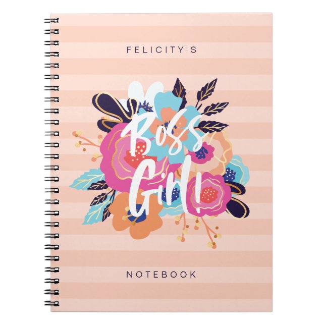 Boss Girl | Trendy Bold Florals & Blush Striped Notebook (Front)