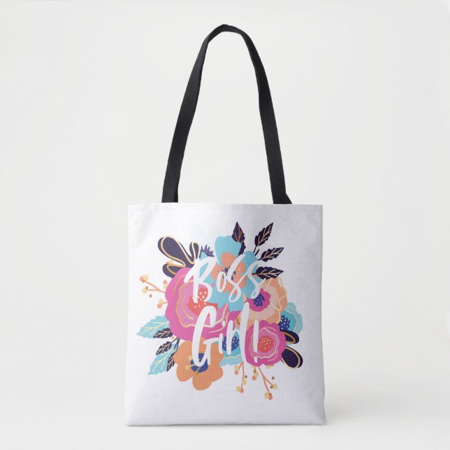Boss Girl | Trendy Bold Florals & Brush Script Tote Bag (Front)
