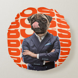 Boss headed by dog head standing with hands crosse round pillow