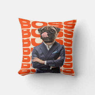 Boss headed by dog head standing with hands crosse throw pillow