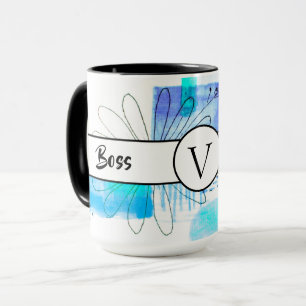 Boss Lady Blue Monogram Abstract  Ringer 15oz Mug
