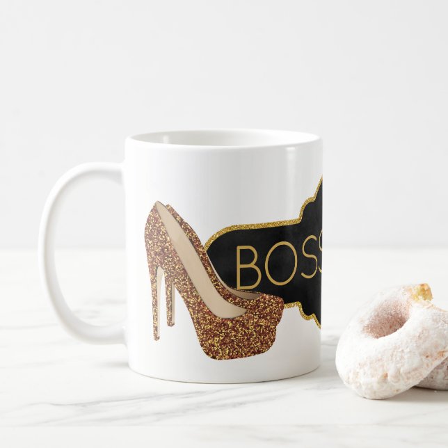 Boss Lady | Chic Black Gold Glitter Shoes Coffee Mug (With Donut)