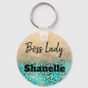 Boss Lady Glittery Turquoise Leopard Custom       Keychain
