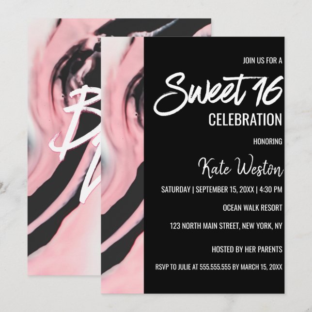 Boss Lady Pink Black Painted Marble Sweet 16 Invitation (Front/Back)