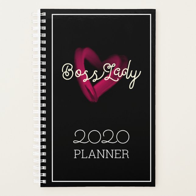 Boss Lady Pink Lipstick Heart Girl's Black Planner (Front)