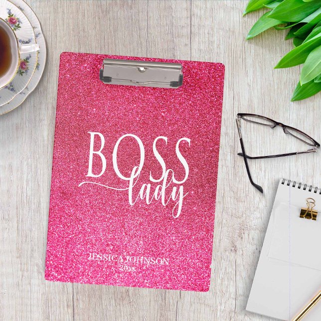 Boss Lady Pink Sparkle and White Script Clipboard (Creator Uploaded)