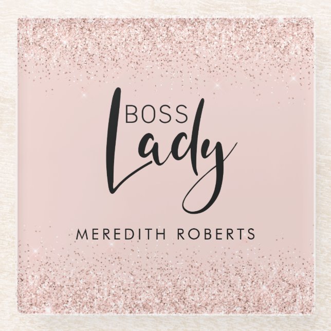 Boss Lady Rose Gold Blush Glitter Personalized Glass Coaster (Front)
