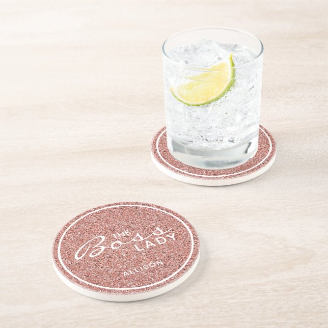 Boss Lady Rose Gold Faux Glitter Personalized Coaster (Side)