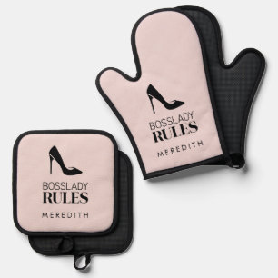 Boss Lady Rules Stiletto Logo Blush Oven Mitt & Pot Holder Set
