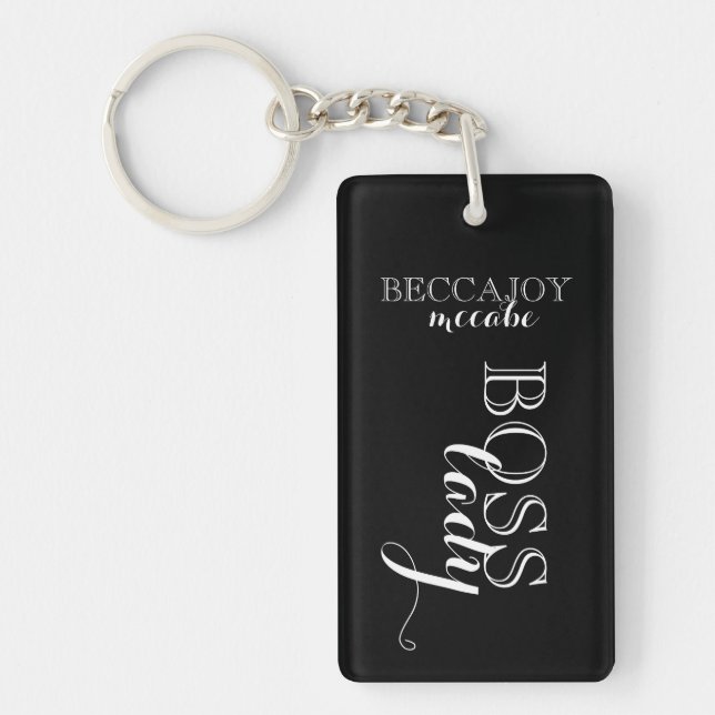 Boss Lady Script Custom Name Black White Keychain (Front)
