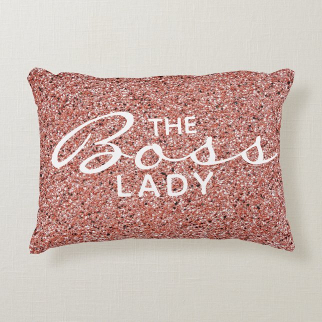 Boss Lady Script Typography Pink Rose Gold Glitter Accent Pillow (Front)