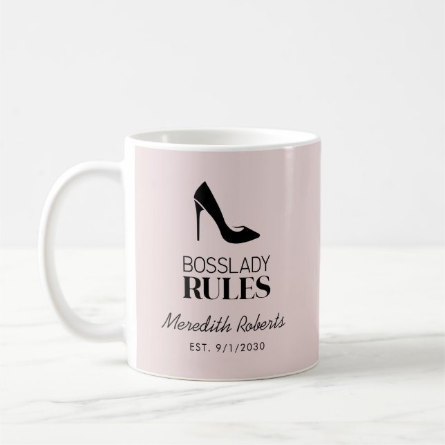 Boss Lady Stiletto Logo Blush Personalized Coffee Mug (Left)
