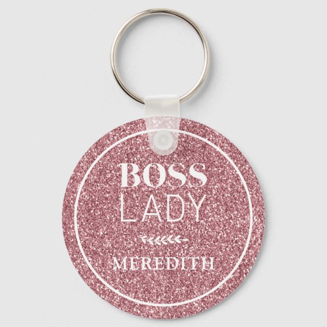 Boss Lady Trendy Girly Pink Glitter Personalized Keychain (Front)