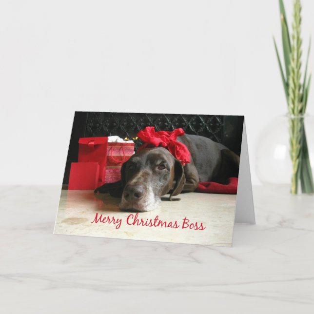 Boss merry christmas pointer and gifts at fireplac holiday card (Front)