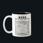 Boss Nutrition Facts Statistics Funny Two-Tone Coffee Mug<br><div class="desc">This is the perfect gift to use every day in the office or at home. Print is featured on both sides.
Details and percentage values can be edited to your personal preference.</div>