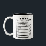 Boss Nutrition Facts Statistics Funny Two-Tone Coffee Mug<br><div class="desc">This is the perfect gift to use every day in the office or at home. Print is featured on both sides.
Details and percentage values can be edited to your personal preference.</div>