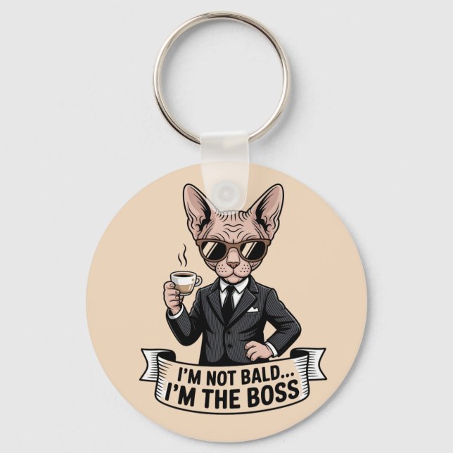 Boss Sphynx Cat Coffee Illustration Keychain (Front)