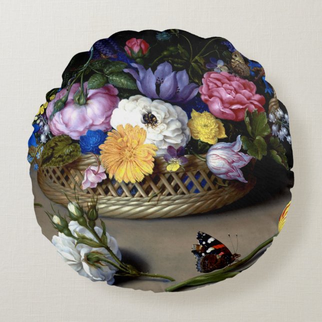 Bosschaert Flower Still Life Insects Dutch Art Rou Round Pillow (Front)
