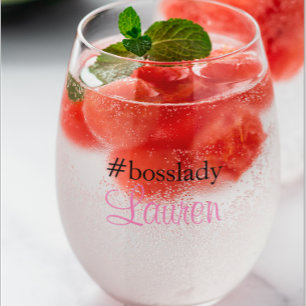 #Bosslady Pink Calligraphy Custom Name Stemless Wine Glass